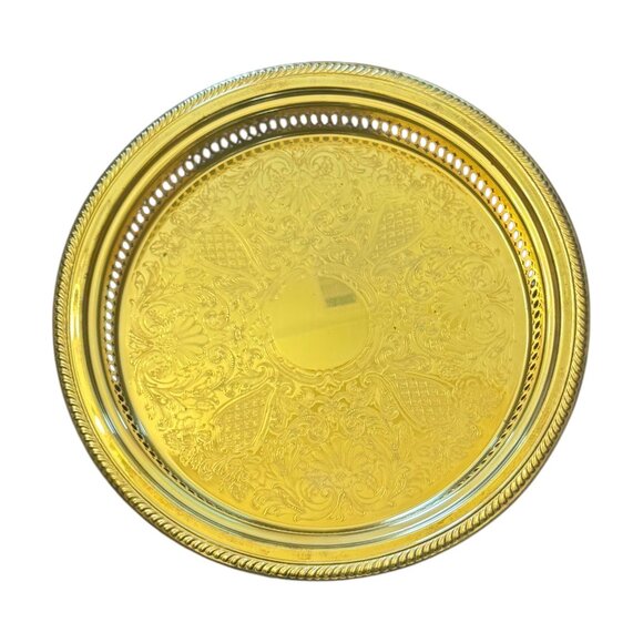 Vintage Brass Ornate Round Serving Tray With Perforated Edge & Intricate Design - Picture 4 of 7